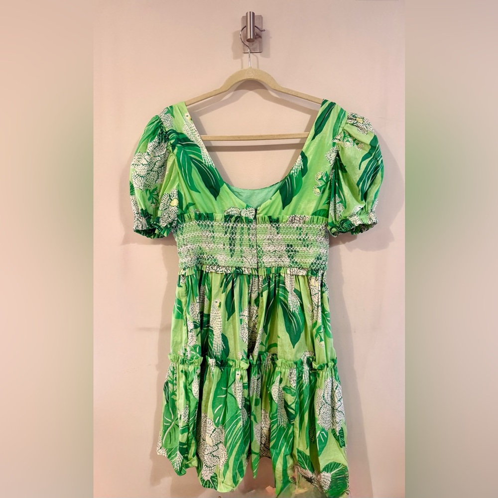 FARM RIO Green Tropical Print Puff Sleeve Smocked Mini Dress, XL - Picture 2 of 3